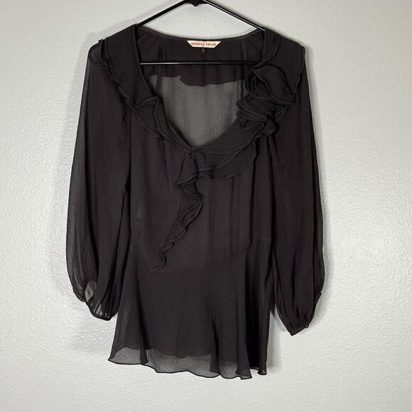 Rebecca Taylor Sheer Ruffle Neck Peplum Crepe Silk Blouse 3/4 Sleeve‎ Size 2 - Picture 1 of 8